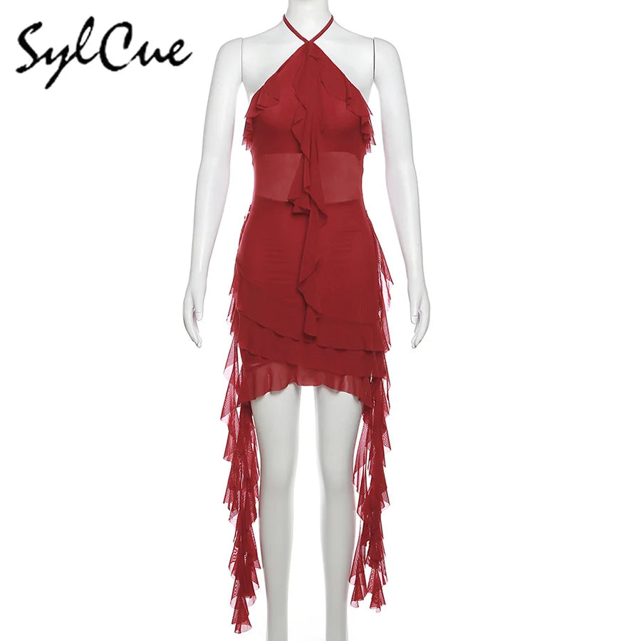 Sylcue 2024 Spring New Sweet Gentle Sexy Mature Beautiful Elegant Party Queen Women'S Short Neck Ruffled Tassel Dress