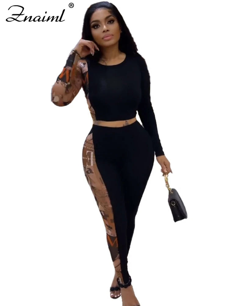 Znaiml Sexy Print Splicing Two Piece Sets Women O Neck Long Sleeve Crop Top and Pants Bodycon Matching Outfits Street Tracksuits