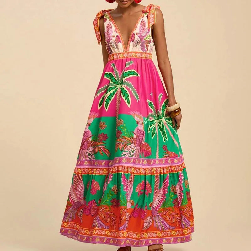 Lady Retro Floral Print Pleated Long Dress Sexy V Neck Hollow Out Sleeveless Beach Dress Casual High Waist Bohemian Summer Dress
