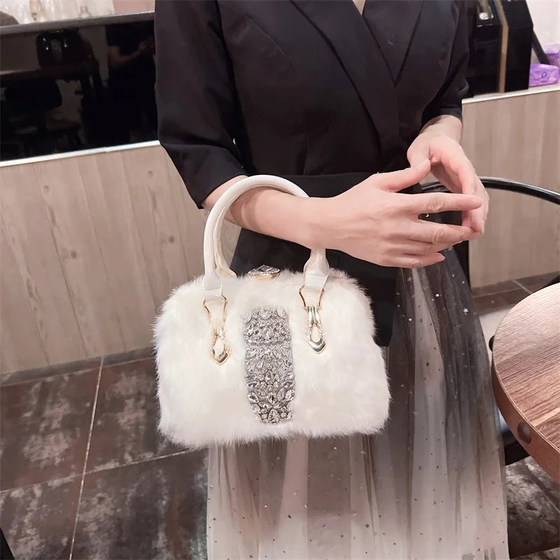 Original Designer Brand Rabbit Hair Bag New Fashion Leather Handcarry Shoulder Crossbody with Diamond Hair Bags for Women