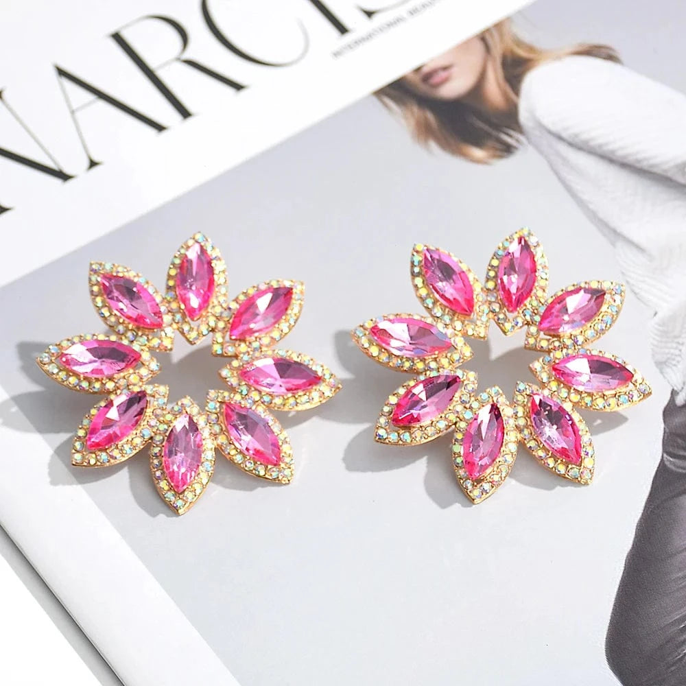 New Style Classical Flower Colorful Glass Stone Drop Earrings For Women Girls Crystal Accessories Statement Jewelry Wholesale
