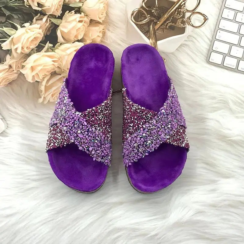 Summer Bling rhinestones Beach outside flat Women Slippers Fashion Casual Ladies Flip-Flops