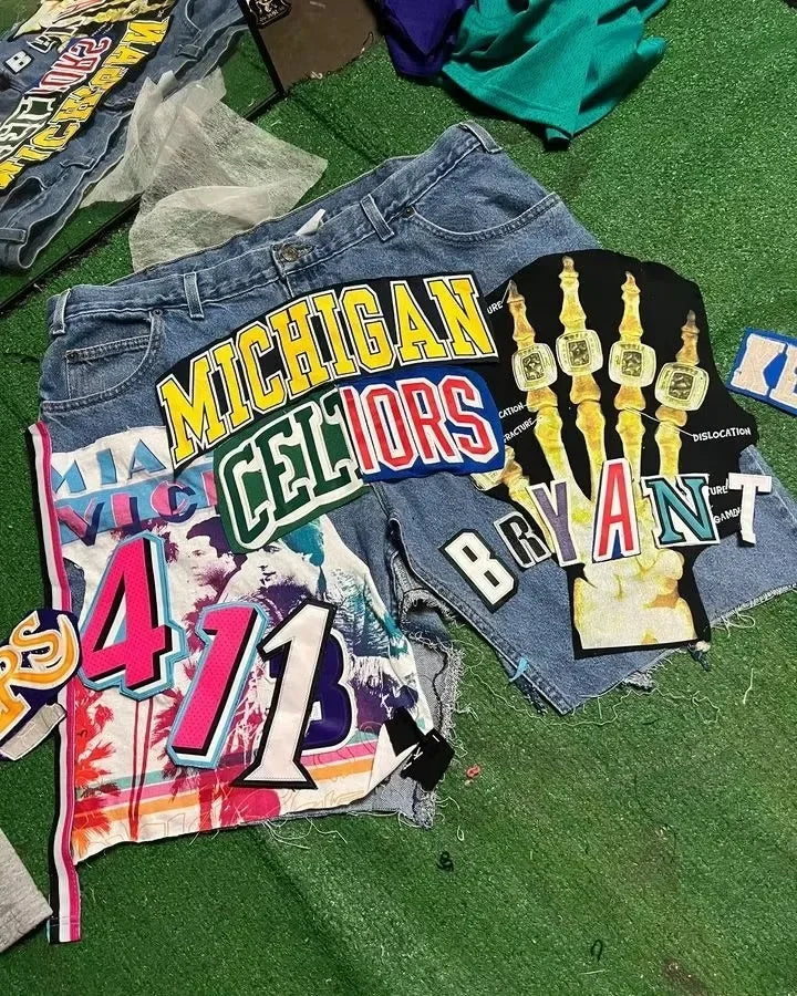 American Patchwork Embroidered Denim Shorts Y2K Jeans Mens Womens Hip Hop Washed Baggy Shorts Low Waist Over The Knee Pants