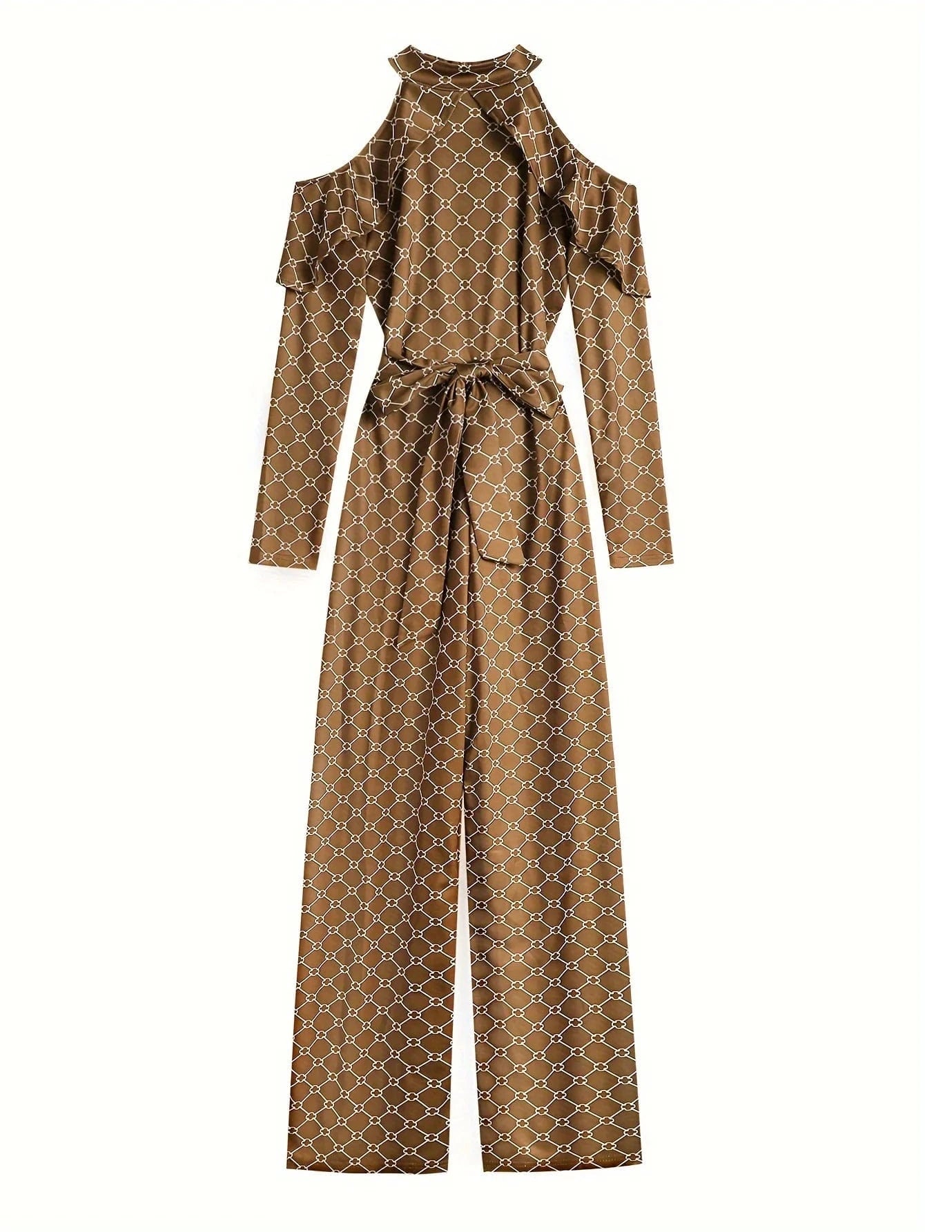 Plaid Print Rompers Womens Jumpsuit Off Shoulder Ruffles Long Sleeve Bandage Overall Elegant Belted Plus Size Wide Leg Bodysuit