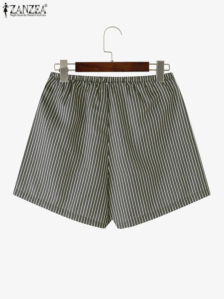 ZANZEA Woman Fashion Striped Shorts 2025 Summer Lightweight Elastic Waist Lace-Up Short Trousers Casual Loose Day Wear Bottoms