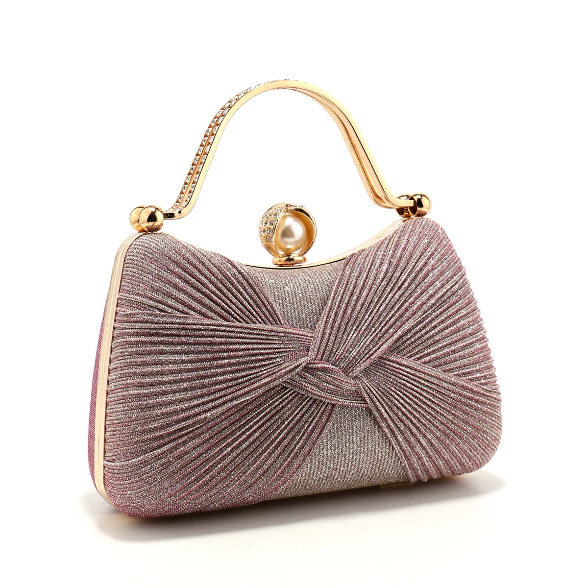 Bow Design Ruched Fashion Women Evening Bags Pink Color Sequined Glitter Metal Pearl Handbags Banquet Lady Wedding Bridal Purse
