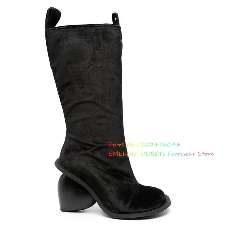 Black Leather Side Zip High Heart-Shaped Heel Knee High Boot Women Square Toe Double Pull-Tab Retro Long Boot for Ladies