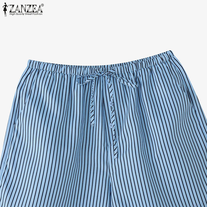 ZANZEA Woman Fashion Striped Shorts 2025 Summer Lightweight Elastic Waist Lace-Up Short Trousers Casual Loose Day Wear Bottoms