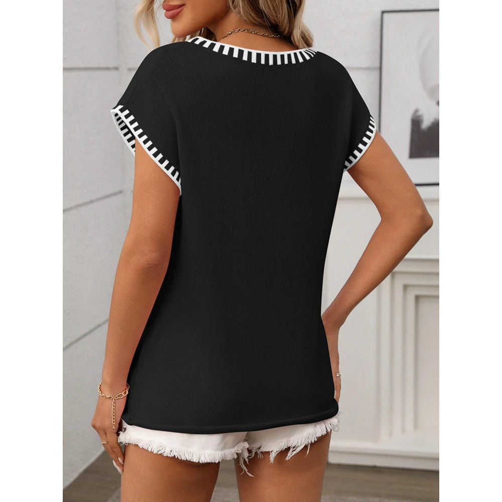 2025 Summer Women's Striped Ribbed Knitted V Neck Short Sleeve T-Shirts Femme Fashion Colorblock Casual Tops Streetwear