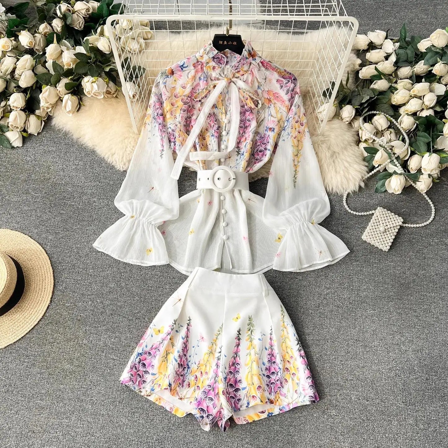 Women's Outfits Bright Silk Chiffon Shirt Blouse Top + Belt Shorts Two Piece Sets Summer Holidays Lavender Flower Shorts Suit