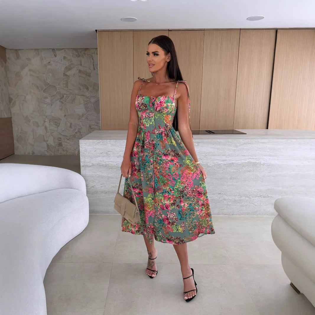 Boho Print Sleeveless A-Line Casual Midi Dress for Women