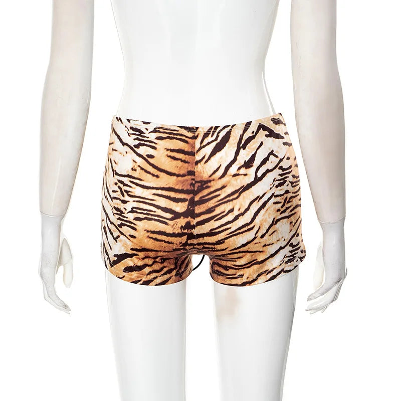 Joskaa Tiger Stripe Print Shorts Women Hipster Sexy Low Rise Bandage Hot Pants 2025 Summer Holiday Party Club Bottoms Streetwear