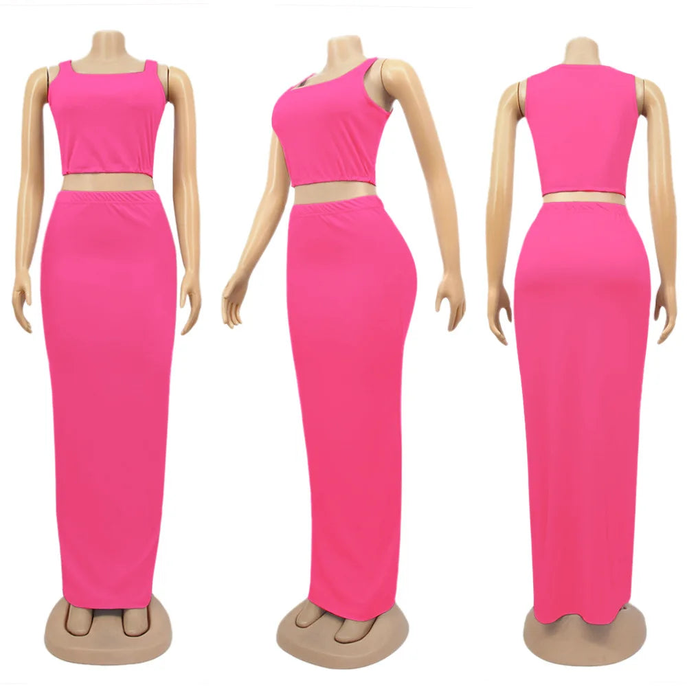 CM.YAYA Women Set Solid Sleeveless Strap Square Collar Crop Tops Stretchy Long Skirts Two Piece Set Sexy Fashion Outfits Summer