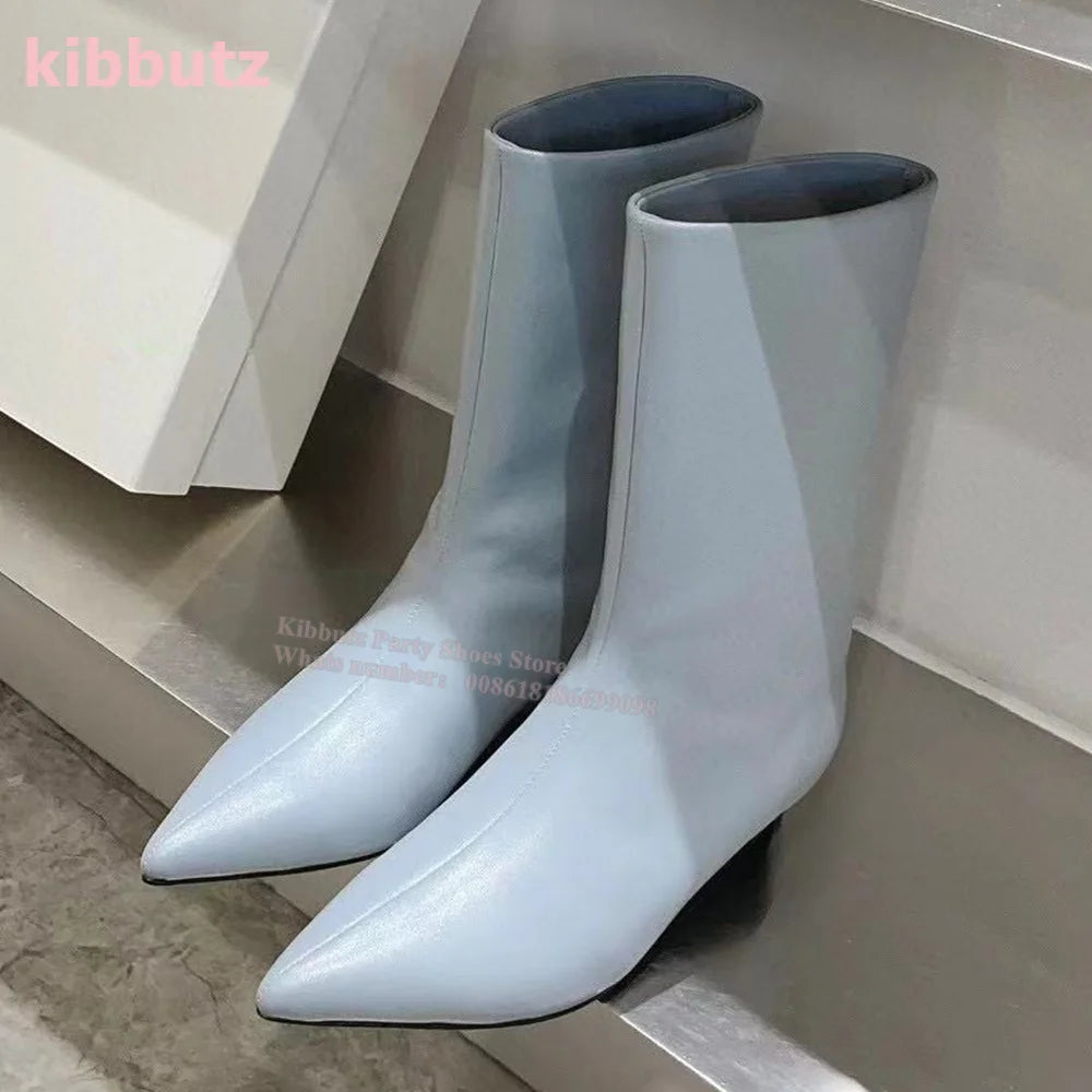 Novelty Leather Mid Calf Boots Chelsea Pointed Toe Kitten Heel Wide Mouth Sleeve Slip-On Solid Color Fashion Sexy Elegant Women