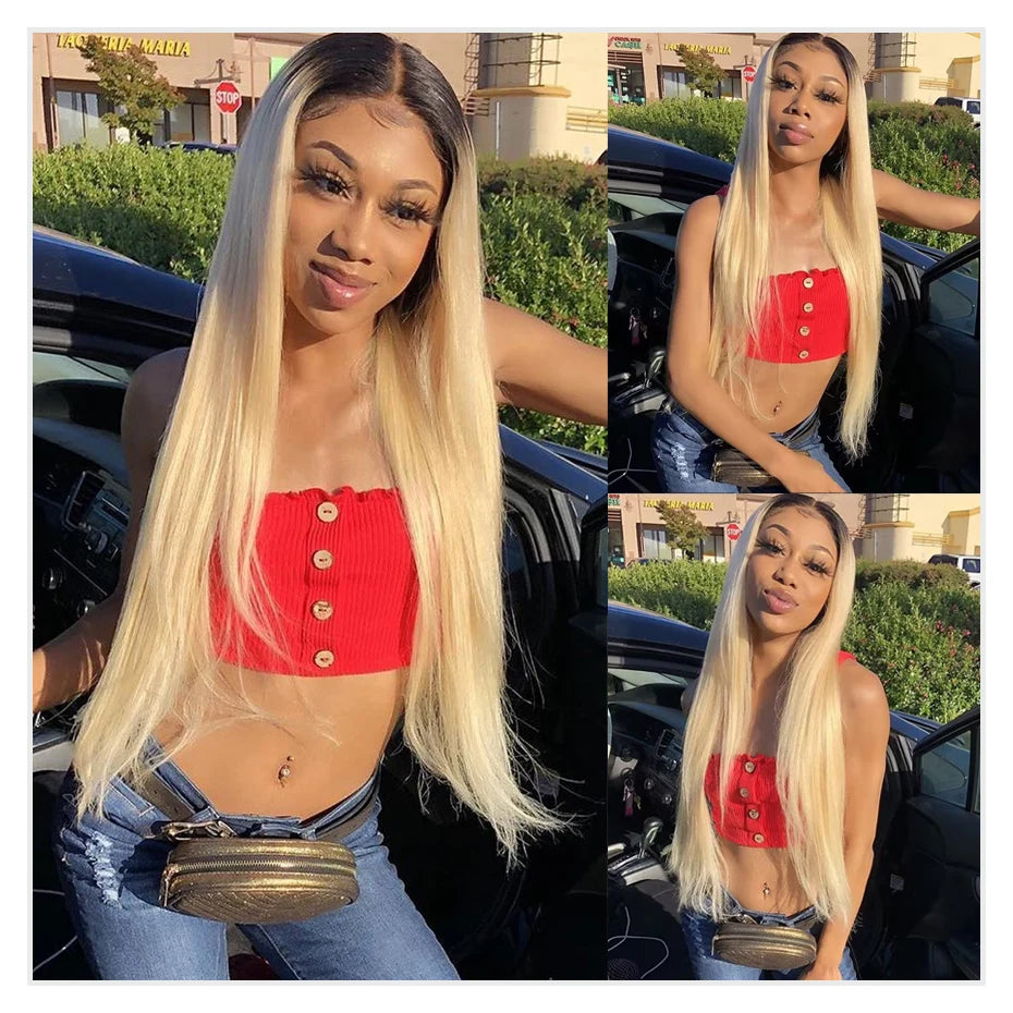 13x6 Lace Frontal Wig Brazilian Straight Full Lace Human Hair Wig 2 Tone Dark Root 1B 613 Ombre Blonde Lace Front Wigs for Women
