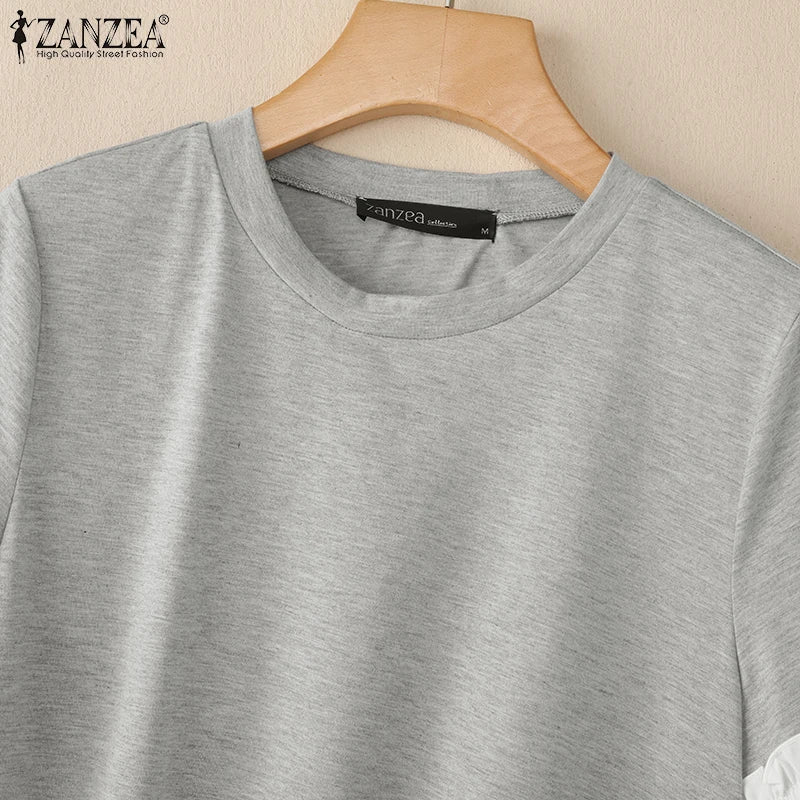 ZANZEA Woman Summer Fashion Chic T-Shirts Round Neck Short Sleeve Ruffle Trim Layered Hem Contrast-Color Casual Patchwork Tees