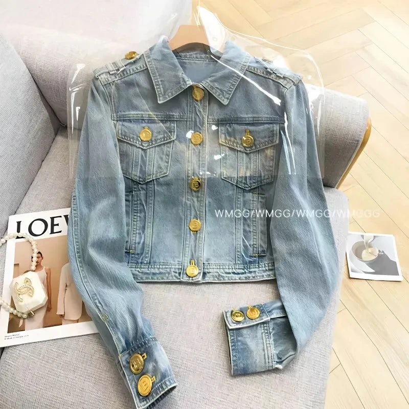 Short 2023 New Design Sense Heavy Industry Denim Coat Korean Wash Fashion Short Style Temperament Top Metal buckle Denim Jacket