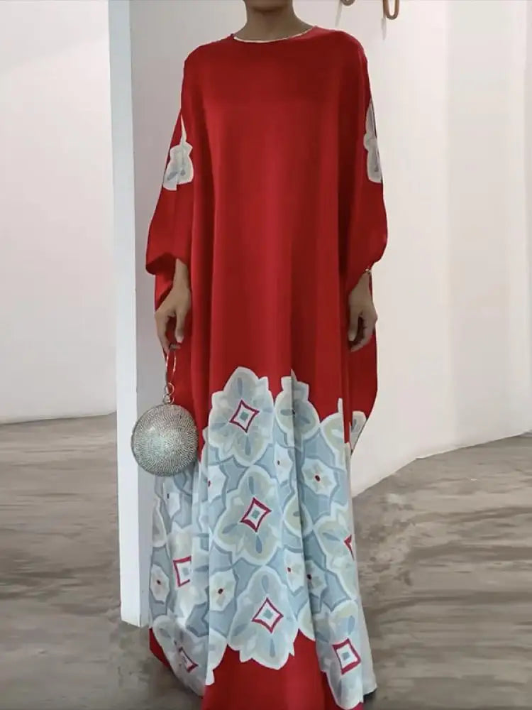 2025 New Spring Printed Evening Party Dresses Vintage Elegant Long Sleeves Loose Round-Neck Muslim Robe For Women