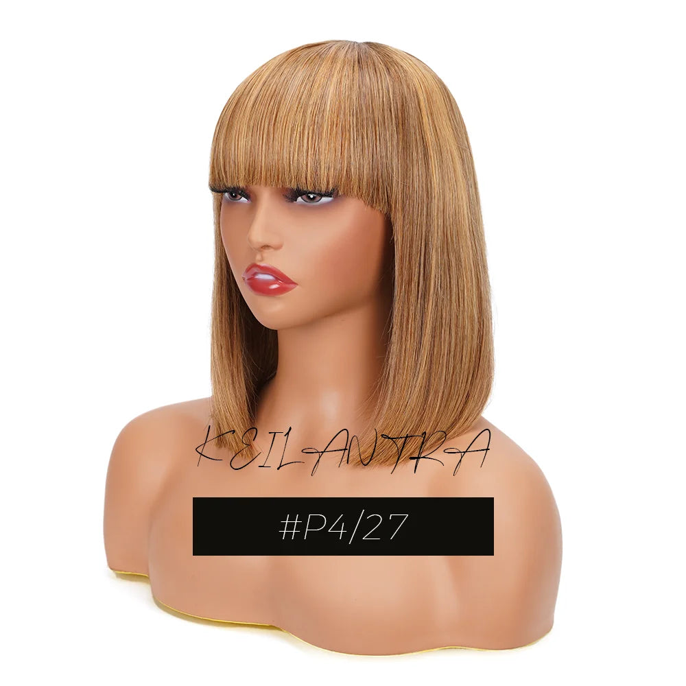 Straight Human Hair Bob Wigs with Bangs Remy Full Machine Made for Women Hightlight Burgundy Brown Colored BOB Wig