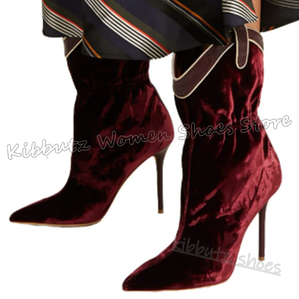 Ankle Modern Boots Velvet Solid Color Pleated Fashion Elegant Comfortable Sexy Luxury Women Shoes New Pointy Thin Heels Slip-On
