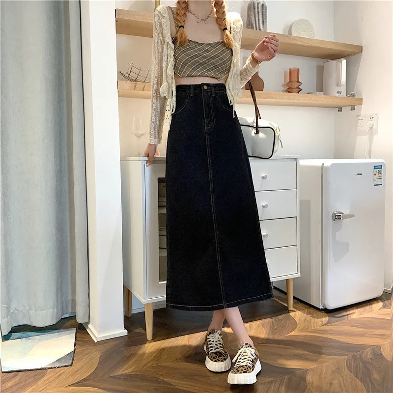 New 2022 Spring-Autumn Medium-Length Denim Skirt For Women High-Waisted Slimming Plus Size Curvy Girls A- Line Hip Covering Skir