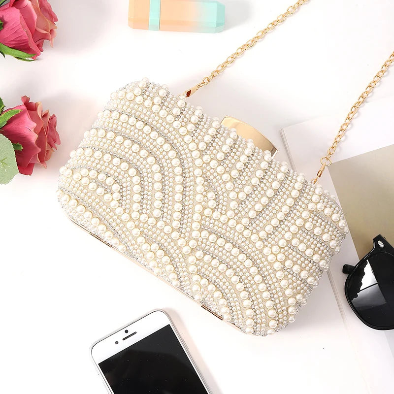 Ladies Pearl Elegant Evening Bag Fashionable Stylish Beading Wedding Dinner Party Banquet Dress Clutch Bag with Long Chain