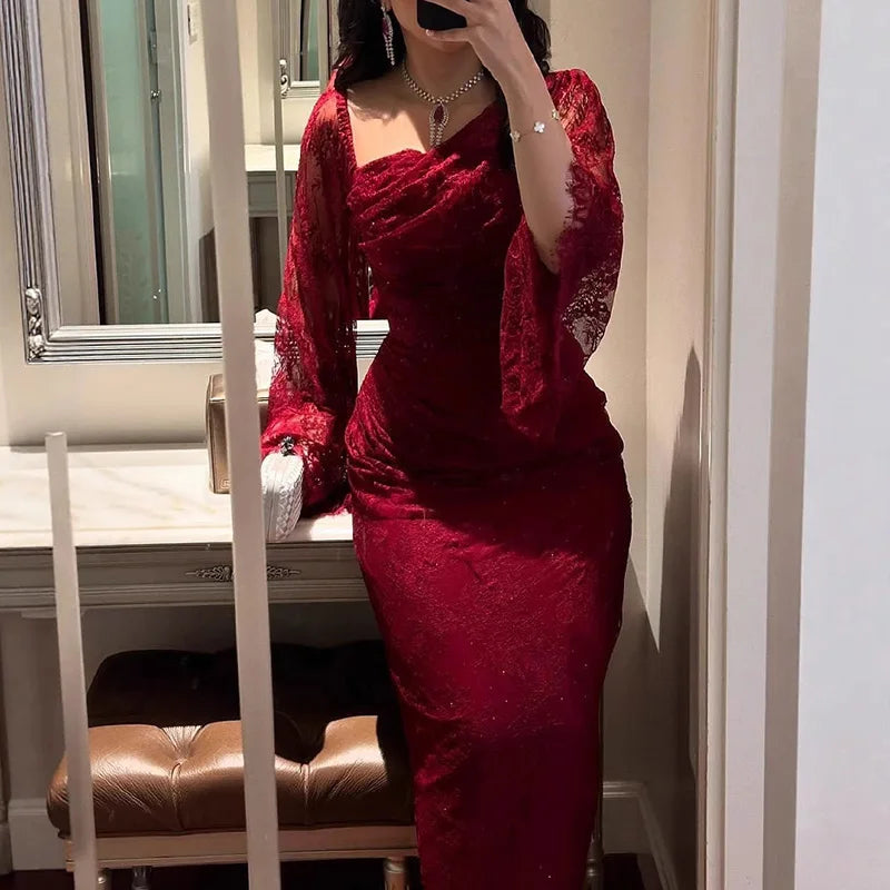 Sexy Lace Slanted Neck Women's Evening Dress Autumn New Long Sleeved High Waist A-line Dress Elegant Pleated Slim Fit Maxi Dress