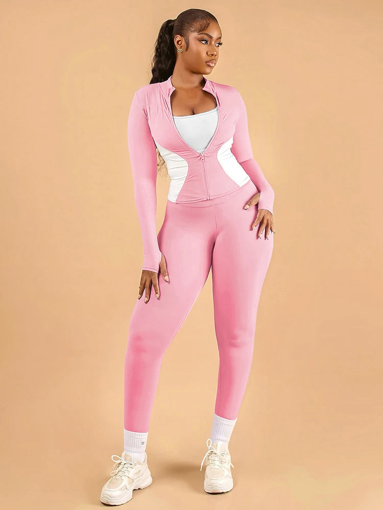 Weird Puss Contrast Patchwork 2 Piece Set Women Tracksuit Sporty Zip Full Sleeve Jacket+Skinny Leggings Daily Casual Streetwear
