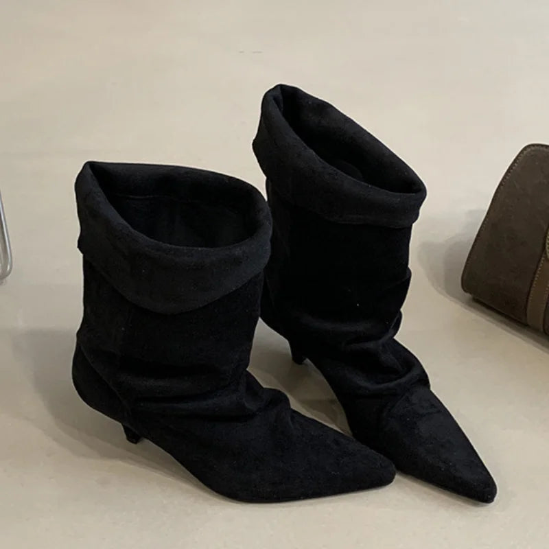 Women's Frosted Low-heeled Boots Fashion Retro Brand Short Boots Pointed Stiletto Boots Pleated Ankle Boot Folded Hem Short Boot