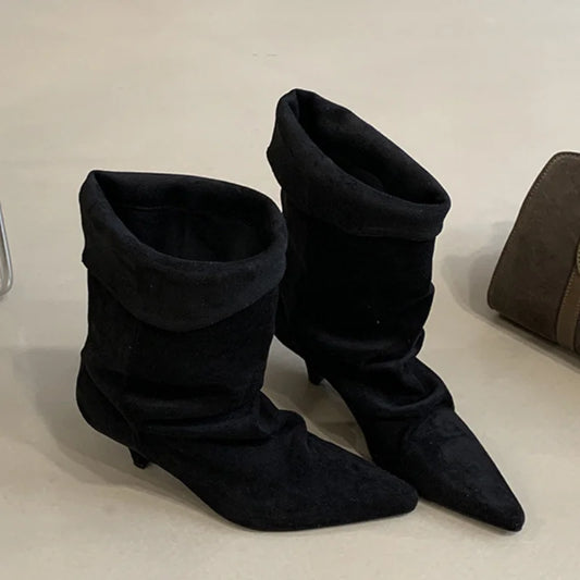 Women's Frosted Low-heeled Boots Fashion Retro Brand Short Boots Pointed Stiletto Boots Pleated Ankle Boot Folded Hem Short Boot