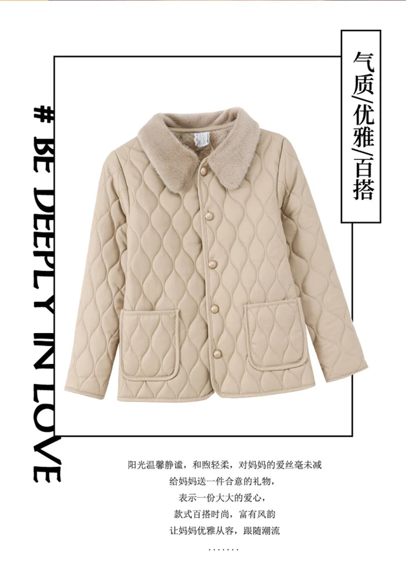 Winter Plush Jacket Winter Mom's Fashion Plus Size Loose Thick Fur Collar Coat For Mid-Aged Women With Velvet Warm Quilted Coat