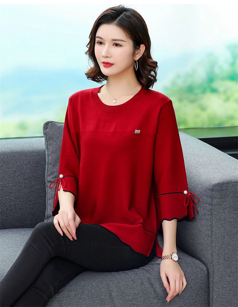 6XL Mom Large Summer New Ice Silk Shirt 3/4 Sleeves Round necked T-shirt Knit Sweater Loose Top For Wearing Outwear Top Black