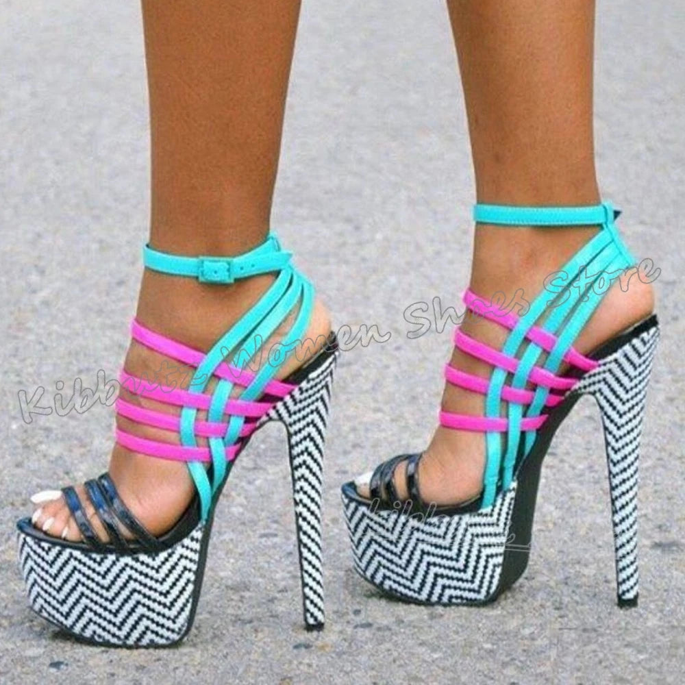 Striped Sandals Platform Round Toe Thin High Heels Mixed Color Leather Fashion Luxury Elegant Concise Sexy Hot Girls Shoes New