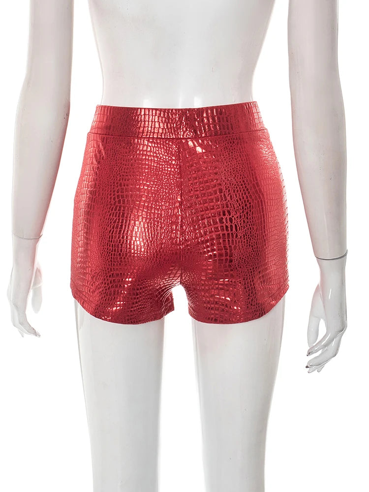 Weird Puss PU Serpentine Leather Shorts Women Elastica Waist Skinny Stretch Summer High Street Style Sexy Fashion Mini Bottoms