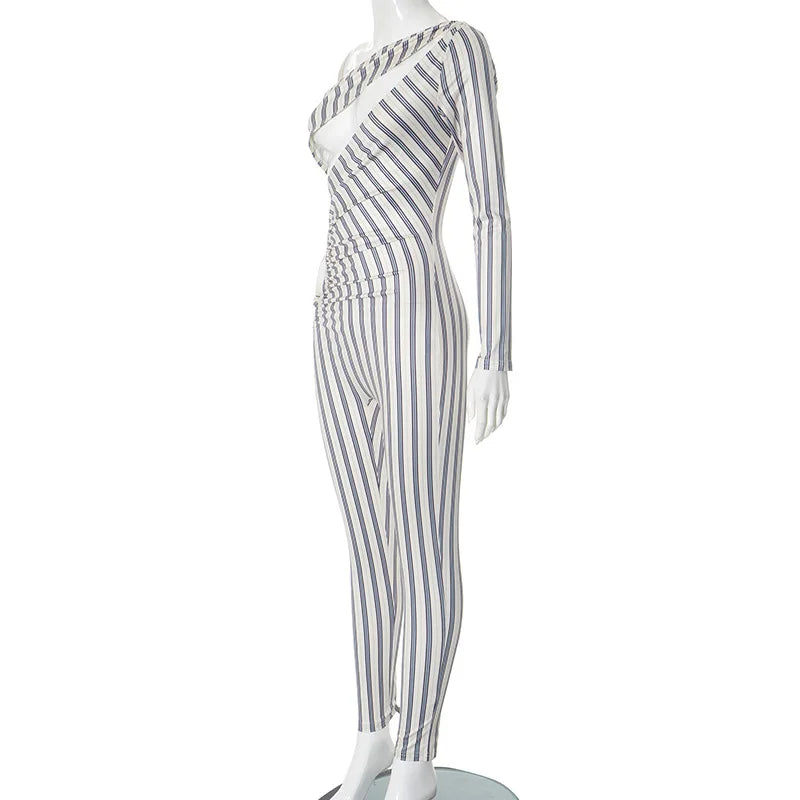 Joskaa Striped Print Cutout Jumpsuits Women Hipster Sexy Oblique Shoulder Backless Skinny One Piece Rompers Midnight Clubwear