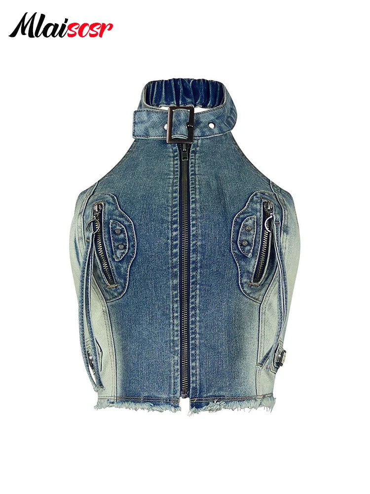 Mlaiscsr Sexy Sleeveless Backless Zipper Tops and Shorts Blue Denim Two 2 Piece Sets Women Summer Beach Party Night Outfits 2025