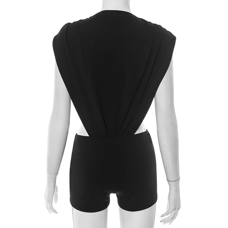 Weird Puss Sexy Women 2 Piece Set Coquette Sleeveless Side Split Bodysuit Tops+Shorts Stretch Midnight Matching Clubwear Suits