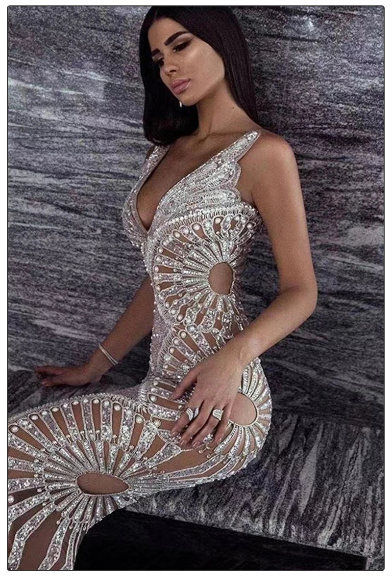 Sequined Ruffle Maxi Slip Dress with V Neck for Women