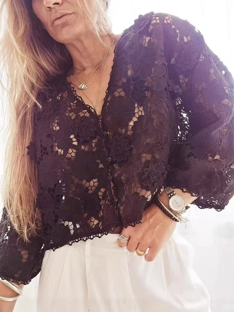Summer Hollow Out Lace Loose Blouse Women V Neck Lace Flowers Single Breasted Long Sleeve Crop Tops Streetwear Fashion Shirts
