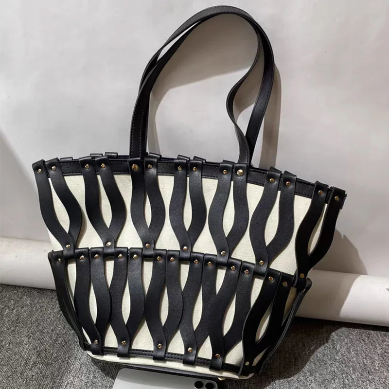 Hollow Fashion Woven Shoulder Bag Brand Retro Large Capacity Tote Bag Texture Contrast Color Canvas Handbag Beach Bag Women Bag