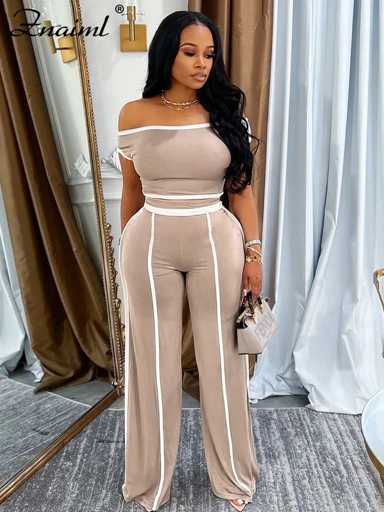 Znaiml Casual Solid Color Wide Legs Pnats Set for Women Diagonal Shoulders T-Shirt Crop Tops and Trousers Two Pieces Suit Outfit