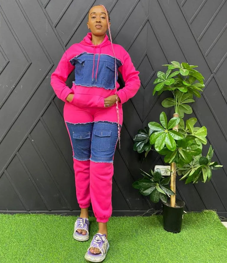 Pants Set Women Two Piece Sets Hooded Matching Sets Sweatshirts Long Pants High Waist Denim Splice Y2k Casual Jogger 2025