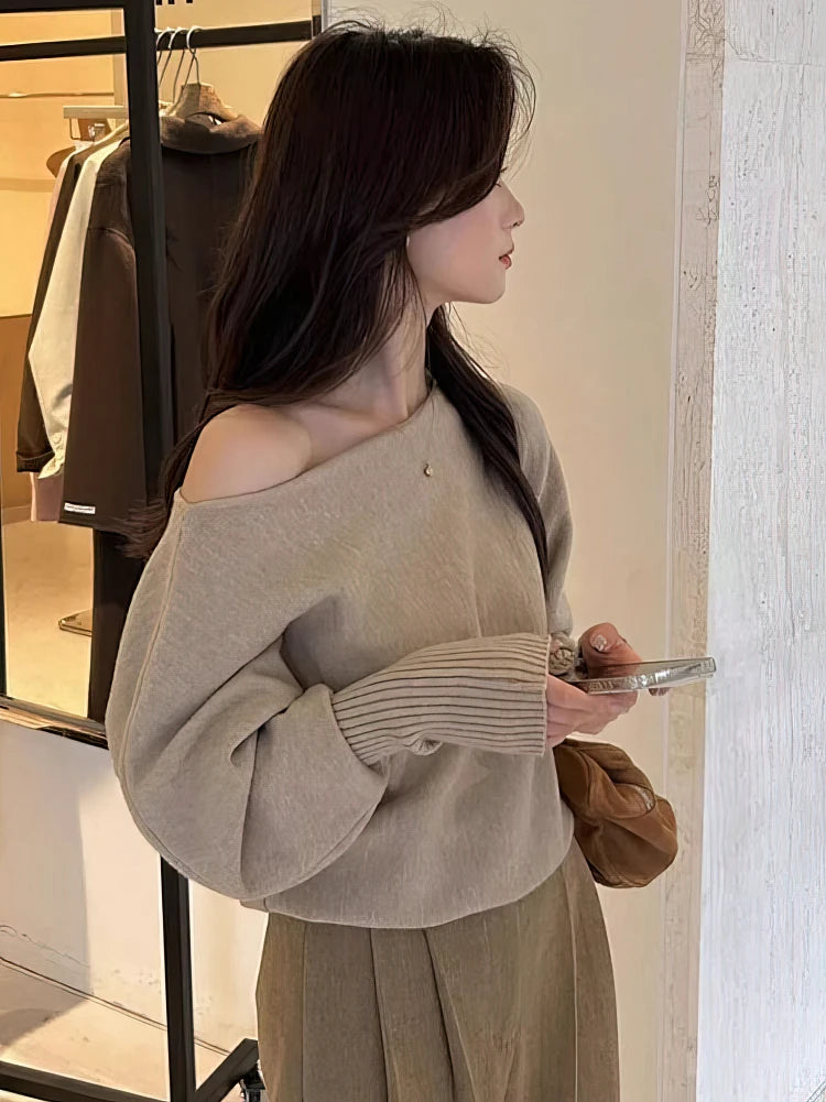 Batwing Long sleeve Knitted Pullover Women Solid color Off shoulder Top Korean Fashion Sweater Loose Casual Autumn Outwear Pull