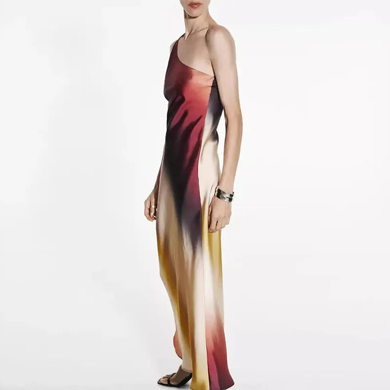 Casual Sleeveless Party Dress Fashion Asymmetrical Gradient Printed Dress Summer Women's Diagonal Collar Satin Long Dress Mujer