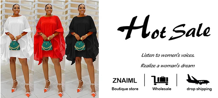 Znaiml Elegant African Party Cloak Mini Dress Women Fashion O Neck Batwing Sleeves Cape Loose Dresses Summer Birthday Clubwear