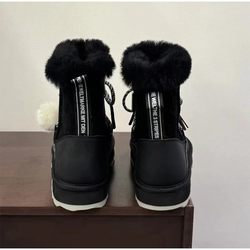 Plush Warm Snow Boots For Women Fashion Short Thick Non-slip Sports Shoes Lace-up Zipper Ankle Boots Thick Sole Shoelace Pendant