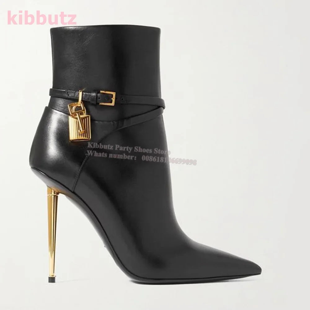 Metal Padlock Key Ankle Boots Genuine Leather Solid Color Pointed Toe Thin Heel Suede Side Zipper Fashion Runway Show Elegant