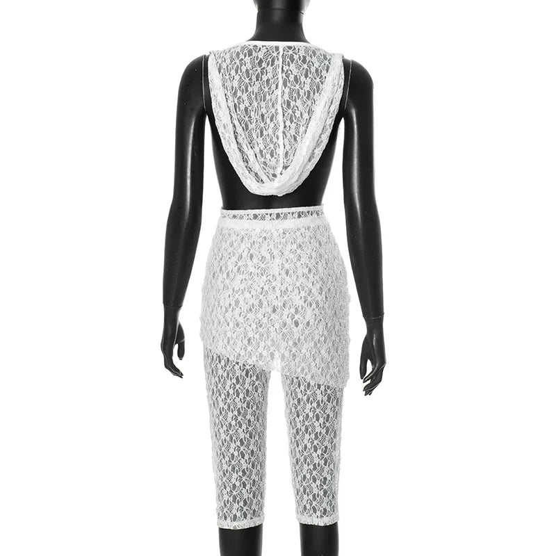 Elegant Lace See Through 2 Piece Set Woman Hooded Halter Swing Collar Large Backless Tops Skirt & Pants Suit Party 2025 Summer