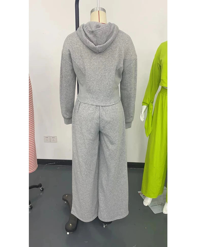 2 Pieces Pants Set Long Sleeve Zip Fly Slim Fit Hooded Top and Casual Wide Leg Pants Set