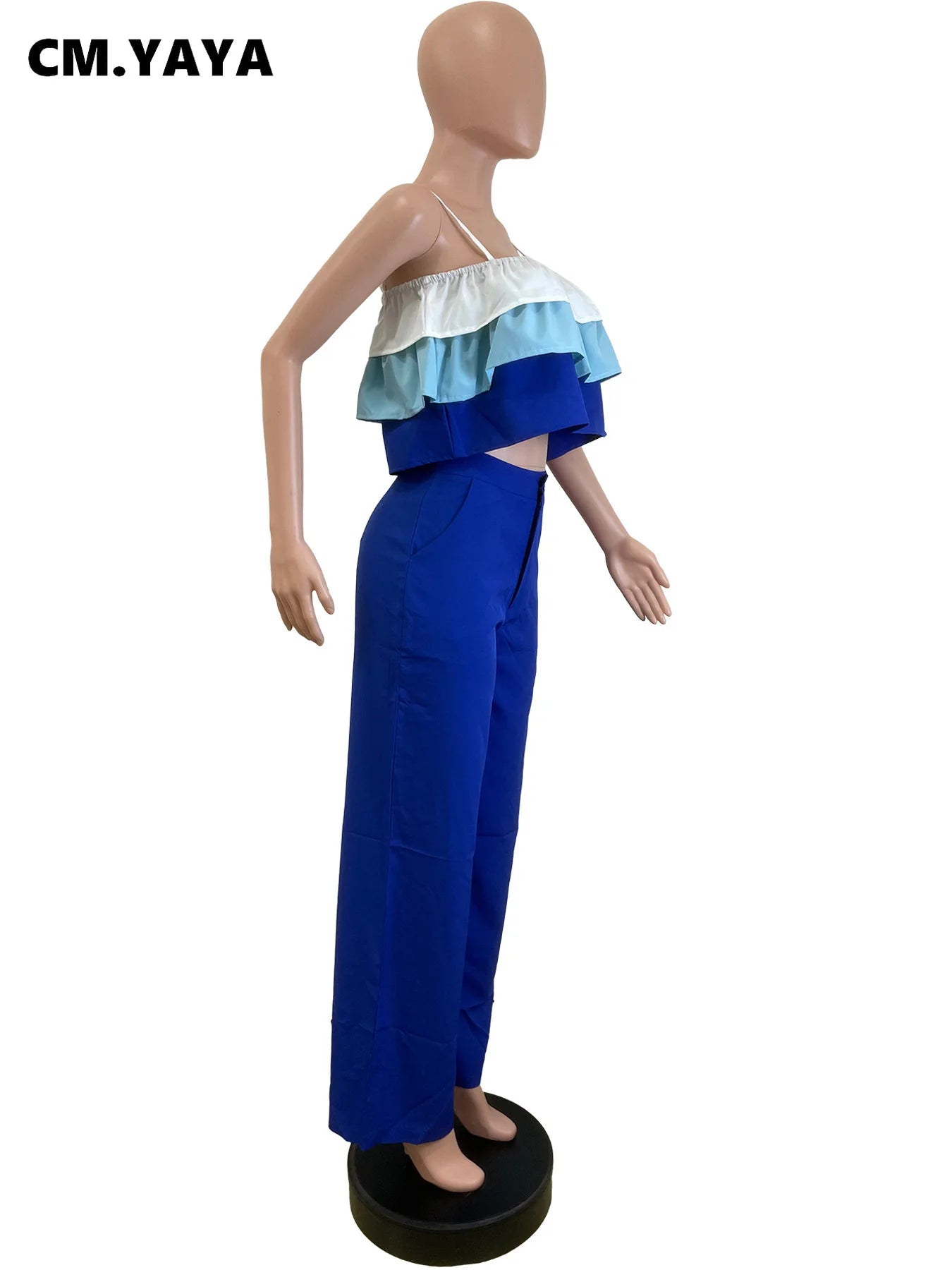 CM.YAYA Fashion Party Women's Set Patchwork Cascading Ruffles Strap Crop Top and Wide Leg Suit 2025 Chic Two 2 Piece Sets Outfit